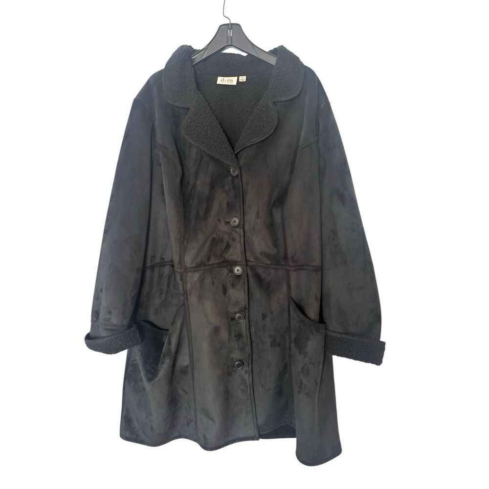 D & Co Womens Faux Suede Sherpa Lined Button Front Jacket Coat Black Sz 3X